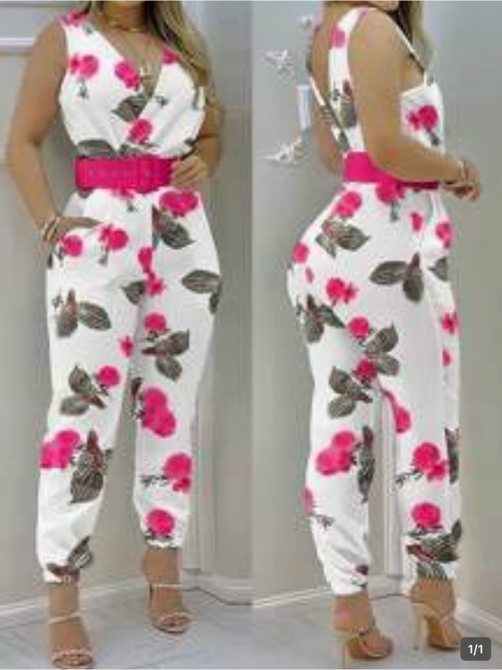 SHEIN White Floral V-Neck Sleeveless Jumpsuit with Pink Belt